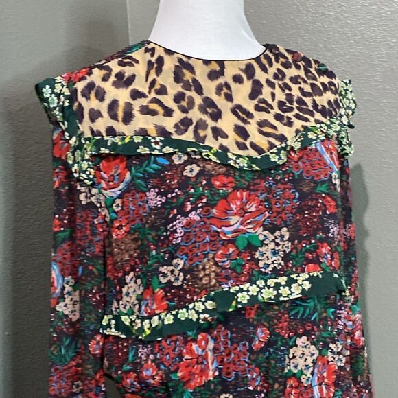 Scotch & Soda Mixed Print Leopard and Florals Dress Bell Sleeves Ruffles - Picture 4 of 13